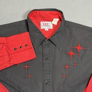 ELY Diamond Western Snap Shirt Mens L Charcoal Red Atomic Starburst Rodeo Farm